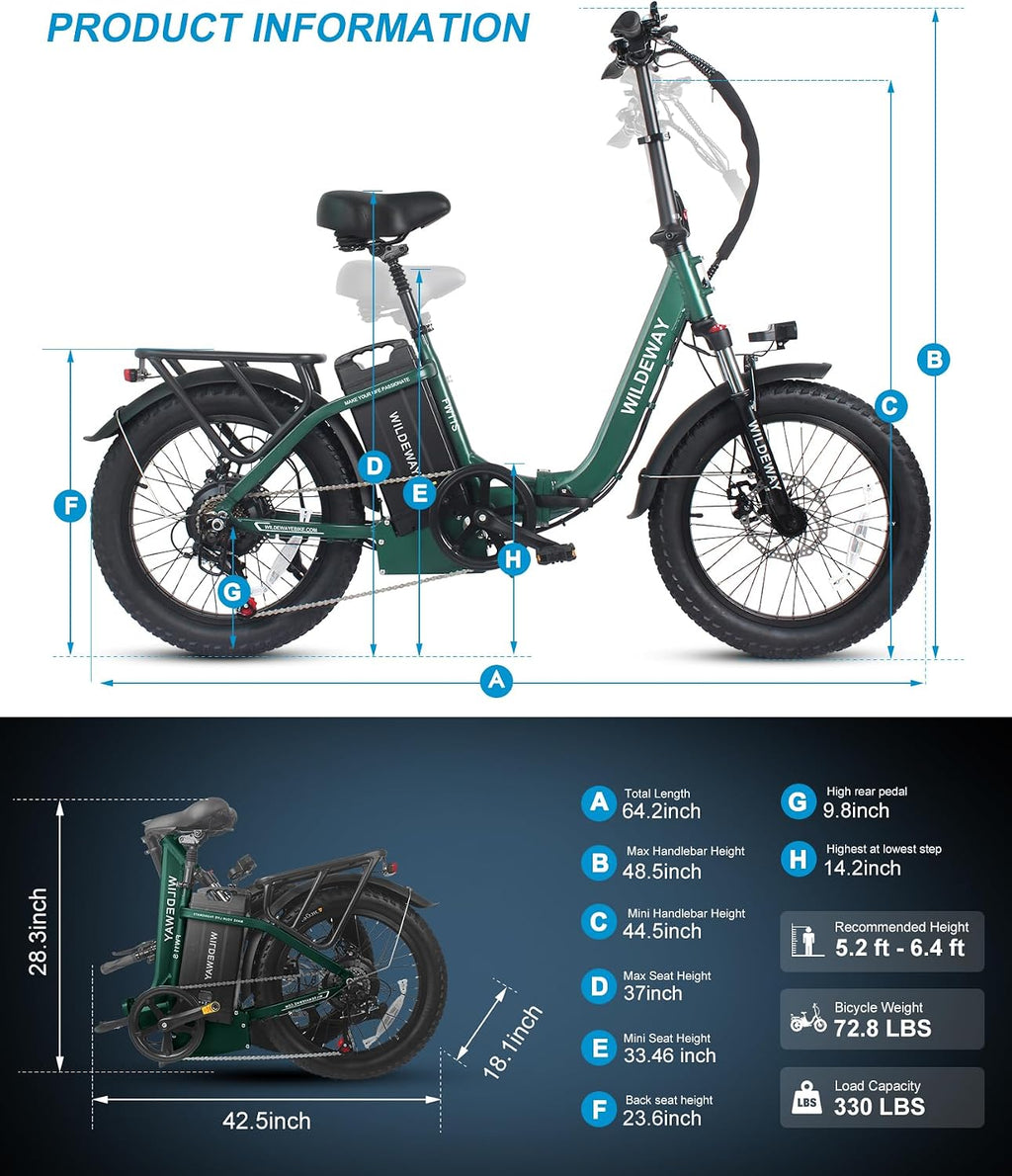 Wildeway Folding Electric Bike for Adults with 32Ah Battery Long Range 750W Motor 28MPH, 20'x 3.0'Fat Tire Foldable EBike, Urban City Commuter Men Women Bicycle 7 Speed Gear