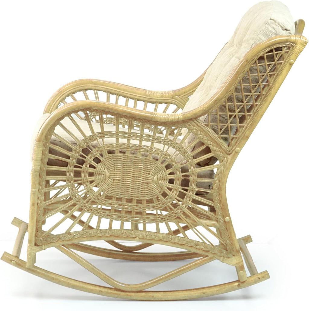 Malibu Rocking Handmade Lounge Chair ECO Natural Wicker Rattan Natural Color with Cream Cushion, Indoor ONLY
