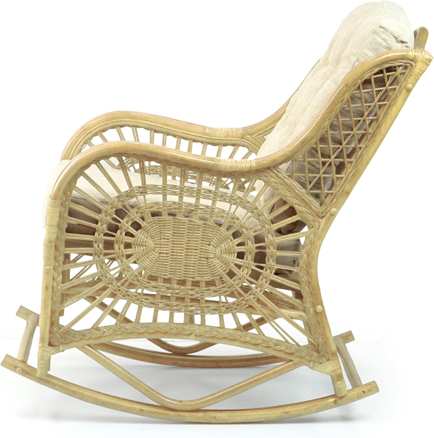 Malibu Rocking Handmade Lounge Chair ECO Natural Wicker Rattan Natural Color with Cream Cushion, Indoor ONLY