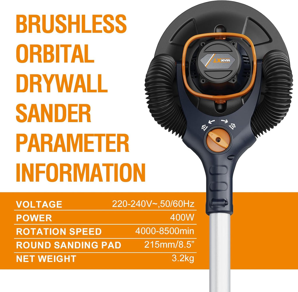 MAXXT 4mm Random Orbital Drywall Sander, Brushless 400W 3.5A Foldable Electric Wall Sander, Sander Tool with 1&2 Modes Suction Switching, Memory Variable Speed, 180° Flex Head, LED Light, Carry Bag