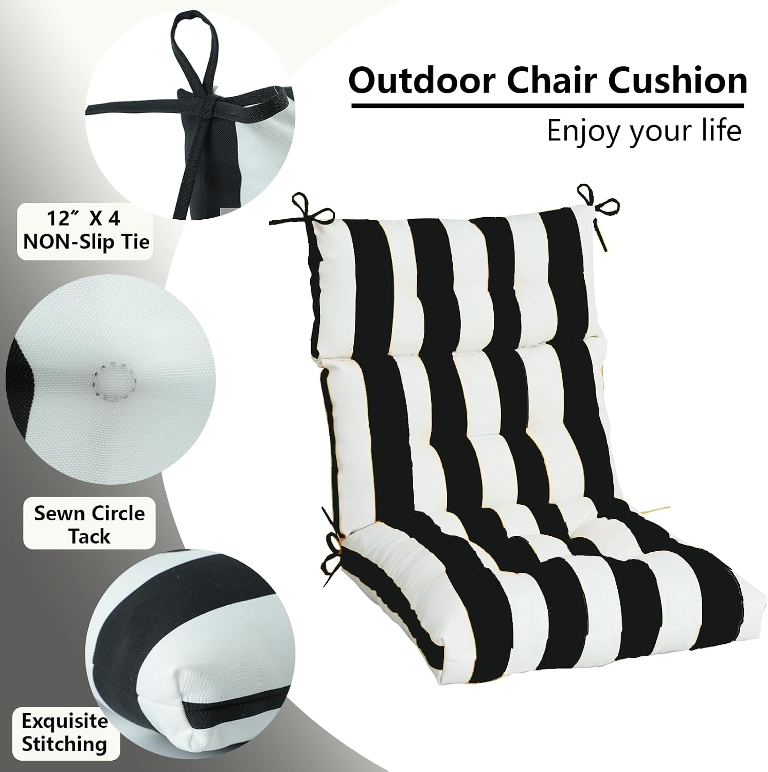 High Back Chair Cushions Set of 2, Adirondack Chair Cushion with Waterproof, Rocking Chair Cushion for Outdoor Patio, Garden Porch 45'x 22'x 4 (2, Black and White B)