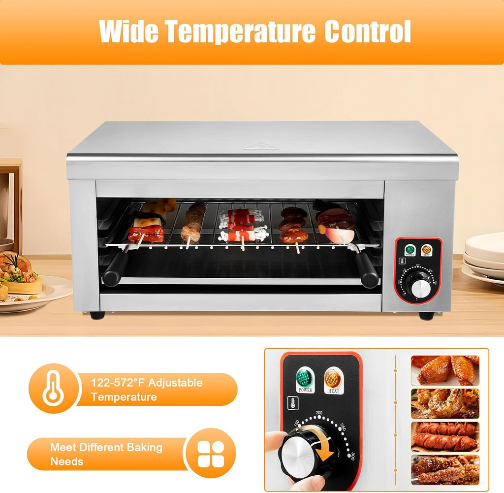Commercial Salamander Broiler 1500W Electric Cheese Melter Grill BBQ Countertop Stainless Steel Cheese Melter Machine Cheese Melting 122-572°F for Melt Cheese, Toast Sandwiches, Grill Steaks