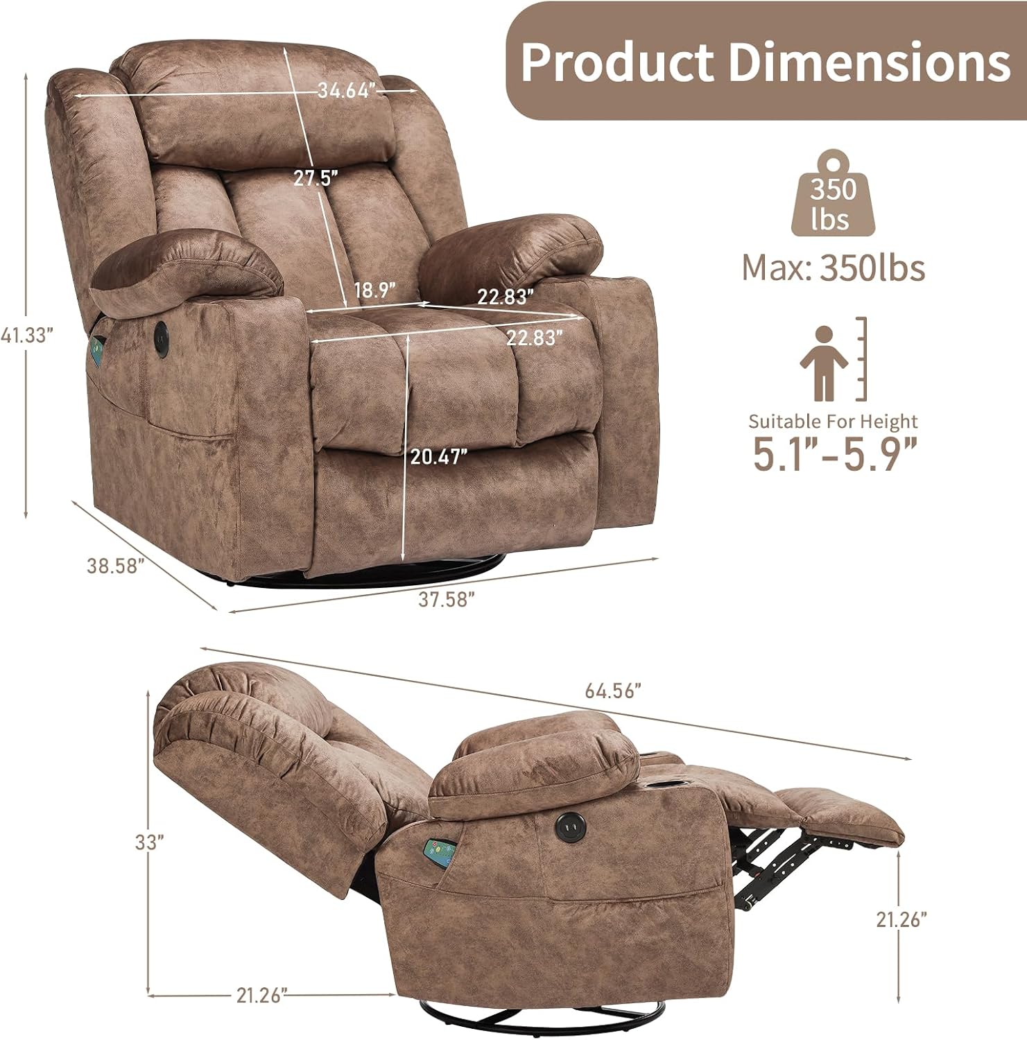 Swivel Rocker Recliner Chair with Heat and Massage, Manual Glider Rocking Reclining Chair, 360° Swivel Overstuffed Lounge Chair with 2 Cup Holders, Side Pockets & USB Ports, Fabric Brown