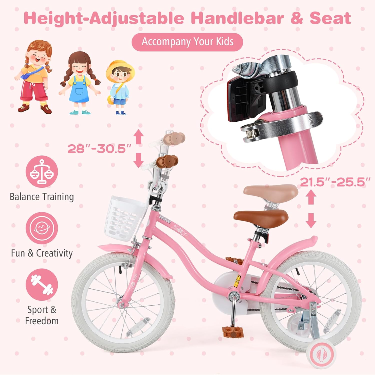 BABY JOY Kids Bike, 12 14 16 18 20 Inch Boys Girls Bike w/Adjustable Seat, Removable Basket, Handbrake & Coaster Brake, Training Wheels or Kickstand, Kids Bicycle with Multi-Color