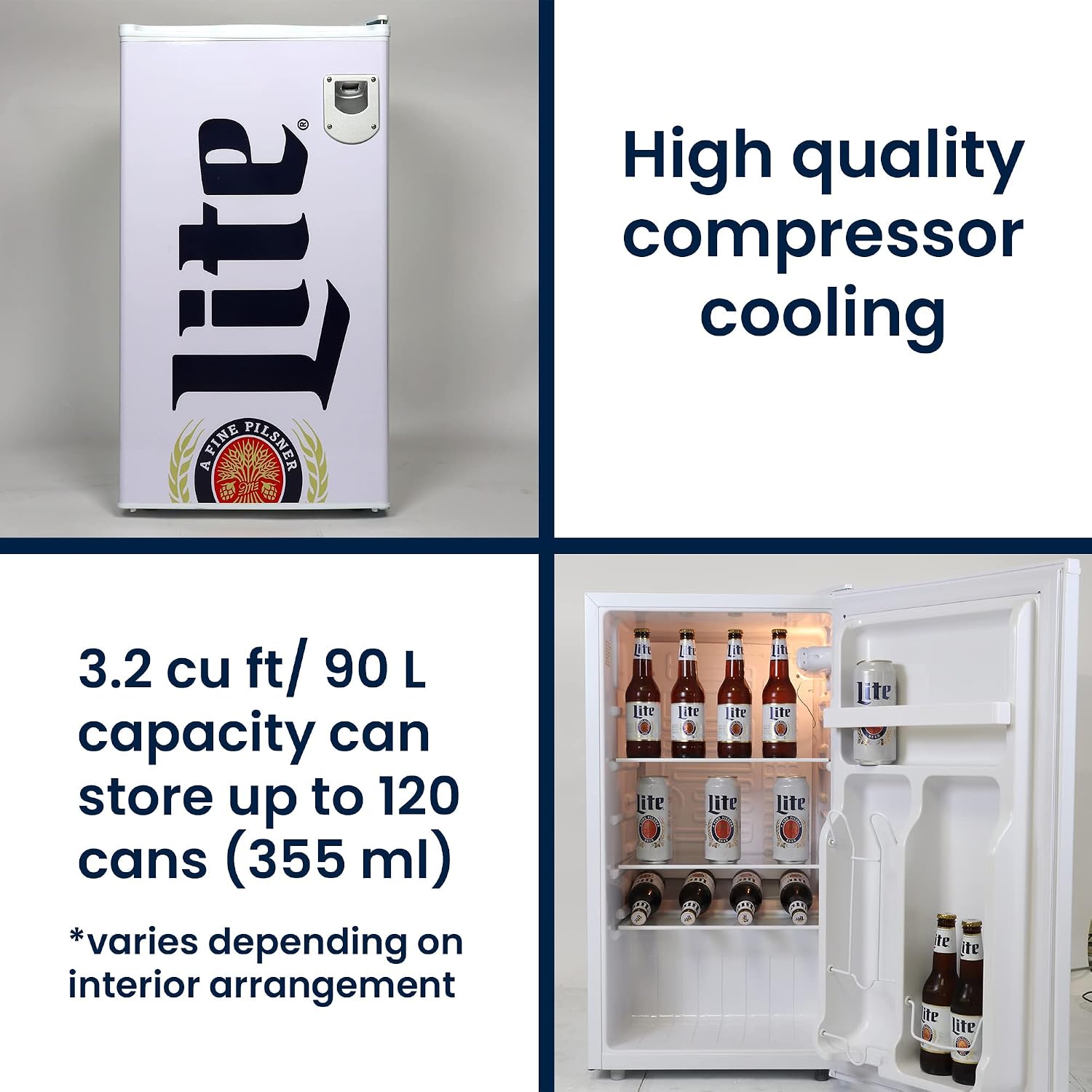 Miller Lite Koolatron Compact Fridge, Bottle Opener, 90 L/ 95 Quart 3.2 Cubic Foot for Snacks, Frozen Meals, Beverages, Juice, Beer, Den, Dorm, Office, Games Room, or RV