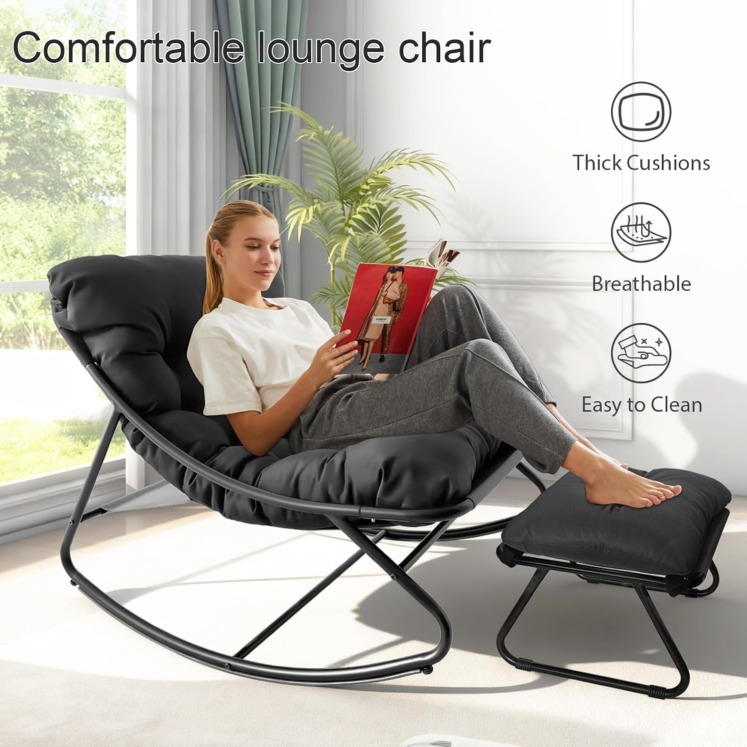 Rocking Chair with Ottoman, Indoor Small Rocking Chair for Nursery, with Foot Rest, Thick Cushion, 5'' Thick, 330lbs Capacity, Metal Frame Rocker Glider Patio for Living Room Bedroom Offices (Green)