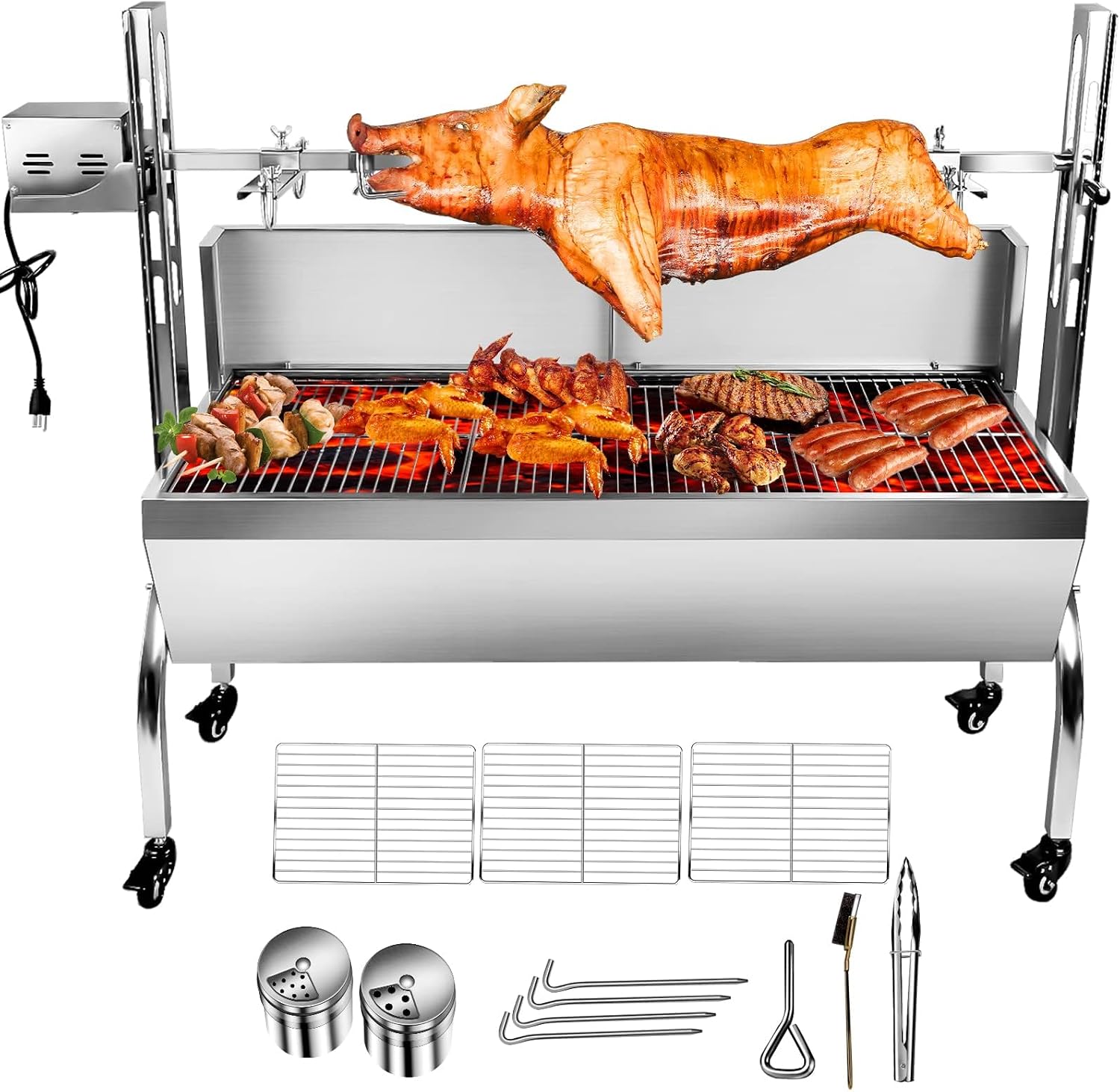 Stainless Steel Rotisserie Grill with Wind Deflector, 25W Motor Small Pig Whole Lamb Rotisserie Roaster, 80kg BBQ Charcoal Rotisserie Roaster Grill for Camping Outdoor Kitchen