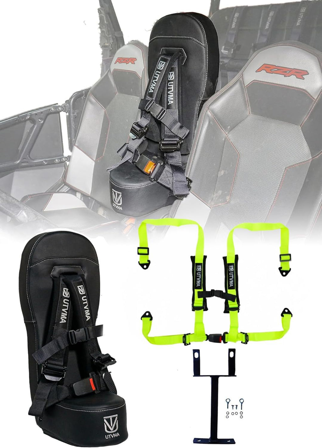 UTVMA RZR 1000 and 900 (2014-2023) Bump Seat with 4-Point Harness | Kids Seat | Jump Seat | All Models (XP, Turbo, Turbo S, High Lifter, Sport, Premium, Ultimate) (Seat with Neon Lime Harness)