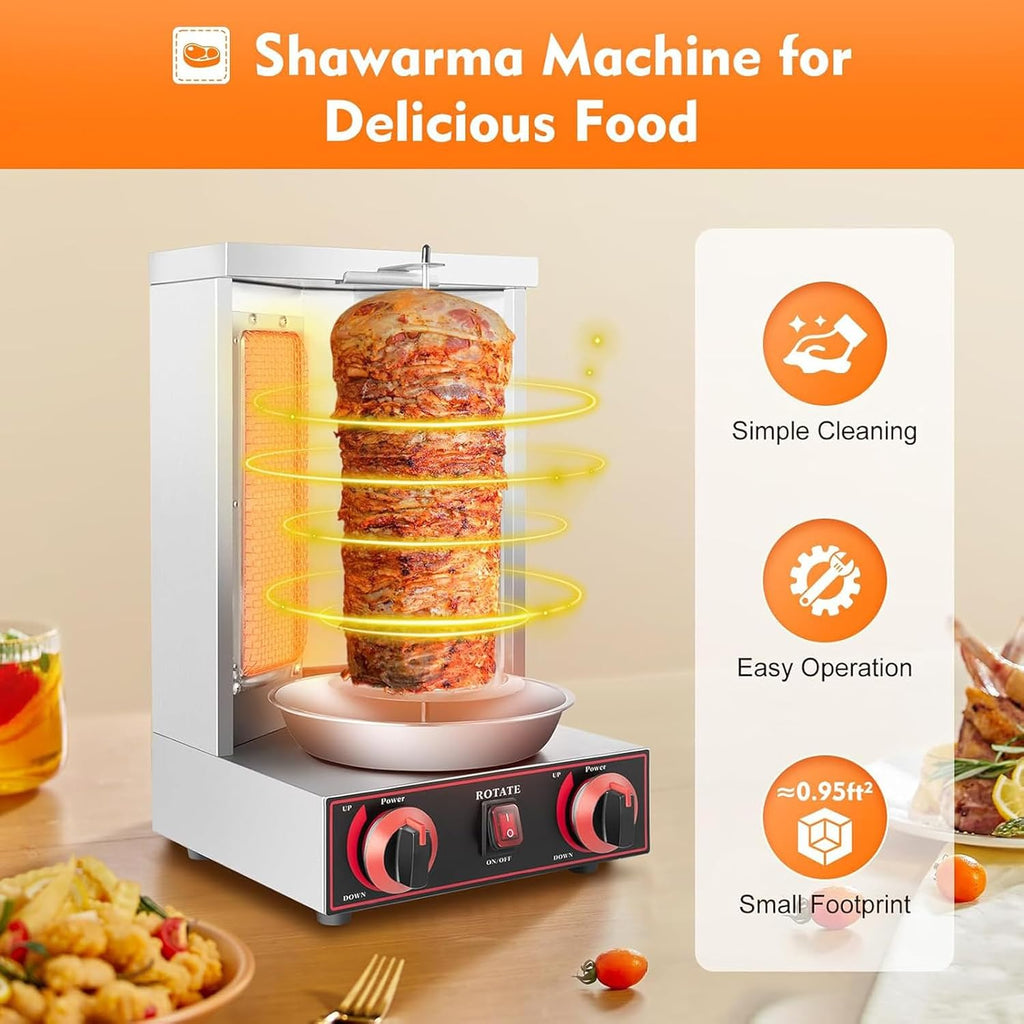 Vertical Grill with Adjustable Timer, with Two Adjustable Heating Tubes, Automatic Rotating Grill Plate, Smokeless Household Grill Plate with Built-in Grease Tray, 360° Rotation