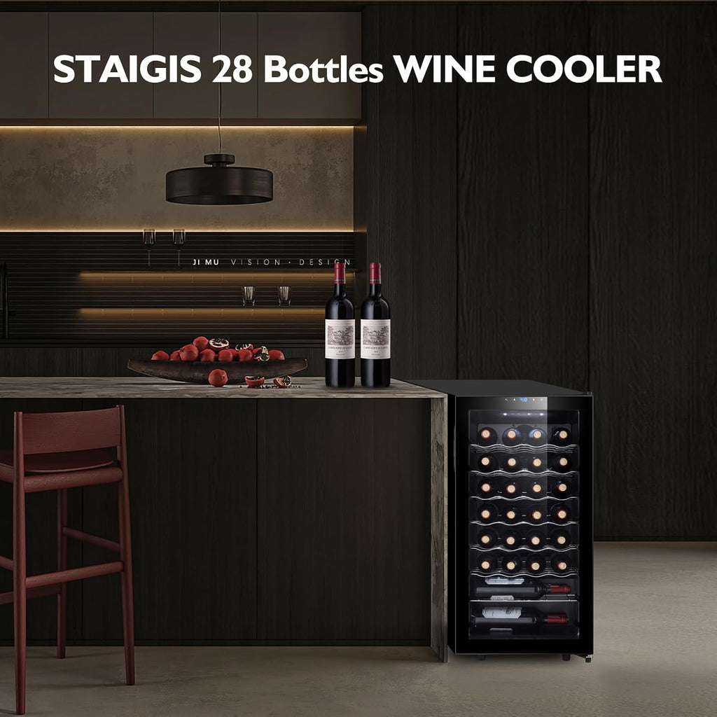 28 Bottle Compressor Wine Cooler Refrigerator, Small Freestanding Wine Fridge for Red, White and Champagne, Mini Fridge with 40-66F Digital Temperature Control Glass Door