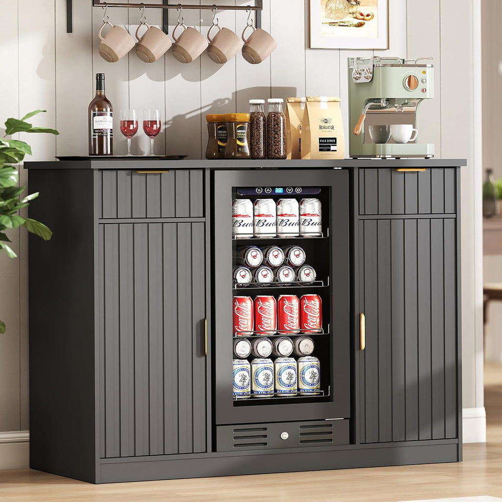 Lamtor Coffee Bar Cabinet with Storage - 53' Mini Fridge Cabinet with Power Outlet, Fluted Wine Bar with Drawer & Door Storage for Kitchen Dining Room, Black