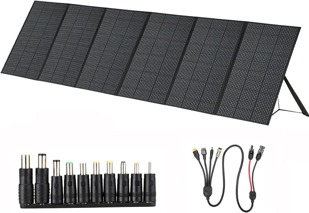 600W Portable Solar Panel, 48V Foldable Solar Panel 25% High Efficiency IP68 Waterproof with 10ft 4-in-1 Cable and 10×DC Adapter, Adjustable Kickstand for Power Station Camping RV