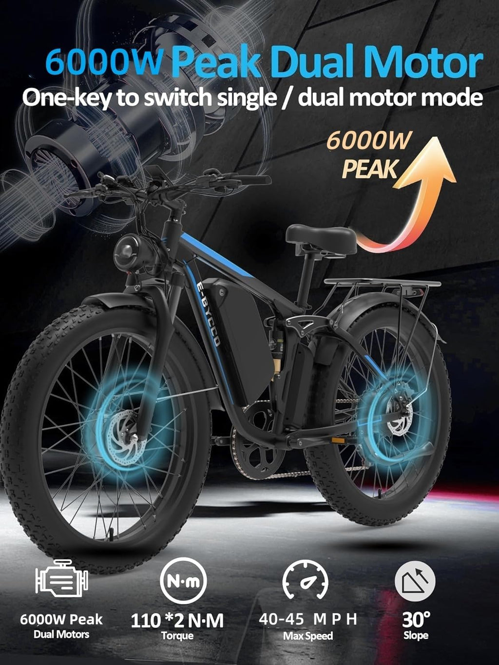 6000W Peak Electric Bike for Adults, 52V 32AH Dual Motor E-Bike, Up to 90Mile & 45 M P H All-Terrain Fat Tires Full Suspension 24/26 Inch Electric Bicycles Hydraulic Disc Brake for Road UL2849 by SGS