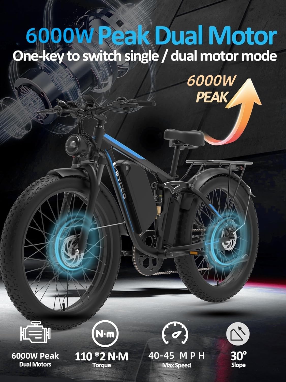 6000W Peak Electric Bike for Adults, 52V 32AH Dual Motor E-Bike, Up to 90Mile & 45 M P H All-Terrain Fat Tires Full Suspension 24/26 Inch Electric Bicycles Hydraulic Disc Brake for Road UL2849 by SGS