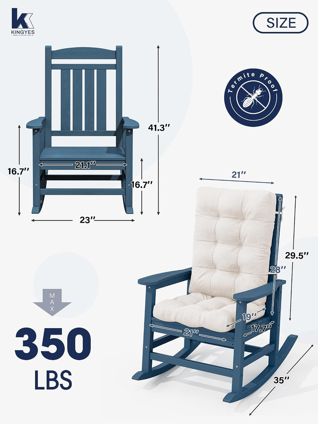 KINGYES Oversized Outdoor Rocking Chair with Cushion, All-Weather Patio Rocking Chairs, HDPE Porch Rocker for Adults, 350 lbs Capacity, Blue Chair with Beige Cushion