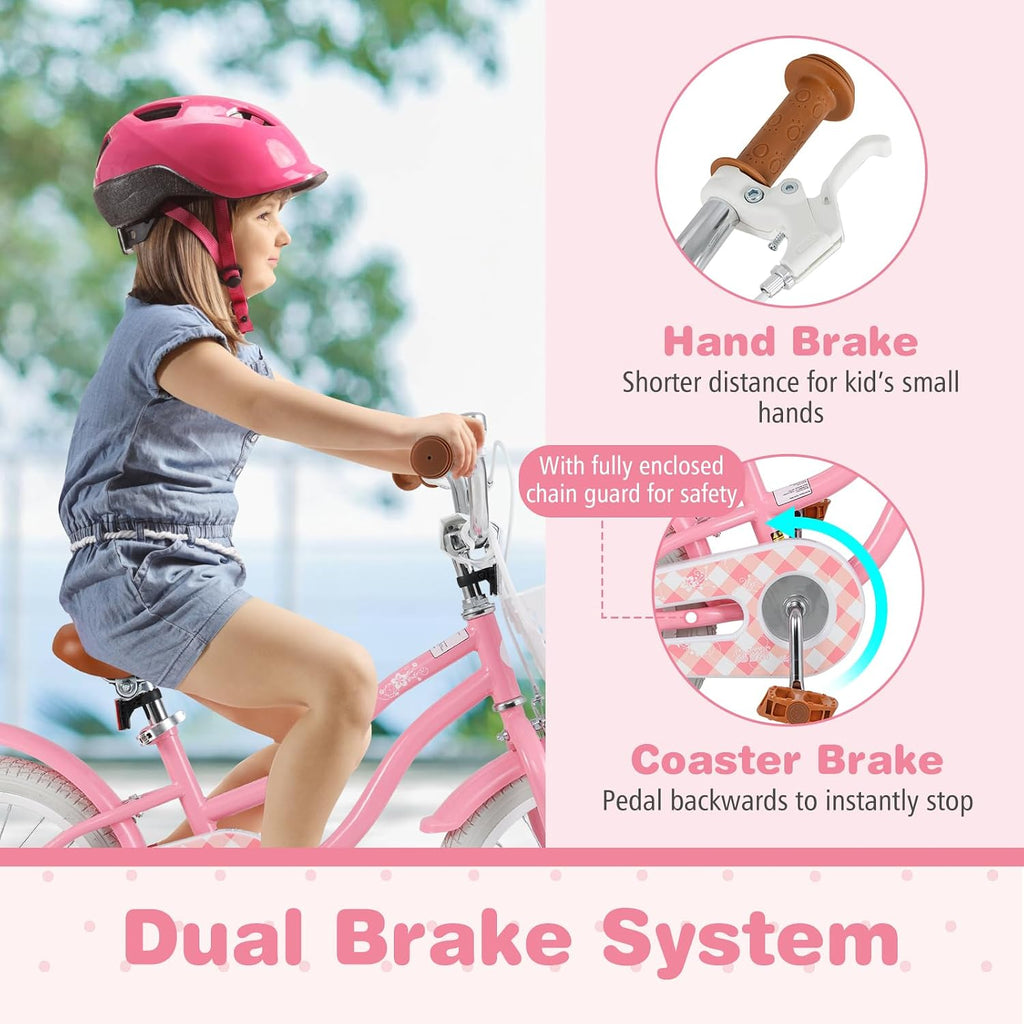 BABY JOY Kids Bike, 12 14 16 18 20 Inch Boys Girls Bike w/Adjustable Seat, Removable Basket, Handbrake & Coaster Brake, Training Wheels or Kickstand, Kids Bicycle with Multi-Color