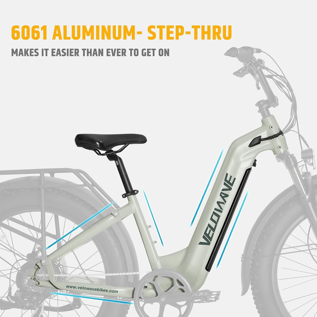VELOWAVE Electric Bike 26' Fat Tire Ebike Peak 1200W Motor Electric Bike for Adults with 47.97V 14.4AH Removable LG Cell Battery Step-Thru E Bike up to 32MPH UL 2849 Certified with Lock& Bell