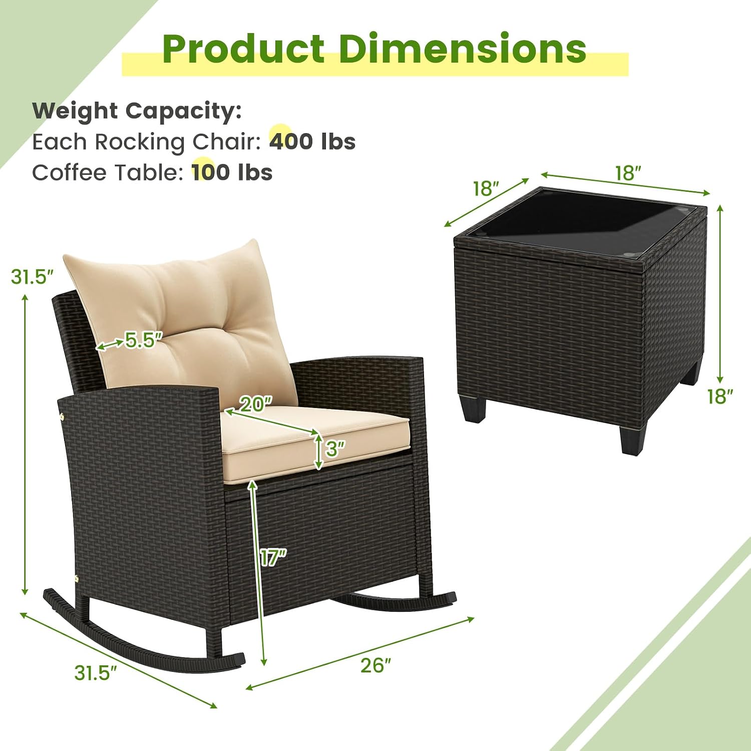 KOTEK 3 Piece Patio Furniture Rocking Bistro Set, Wicker Outdoor Rocking Chairs & Glass Table, PE Rattan Conversation Set for Porch, Balcony, Deck, Poolside (Mix Brown- Beige)