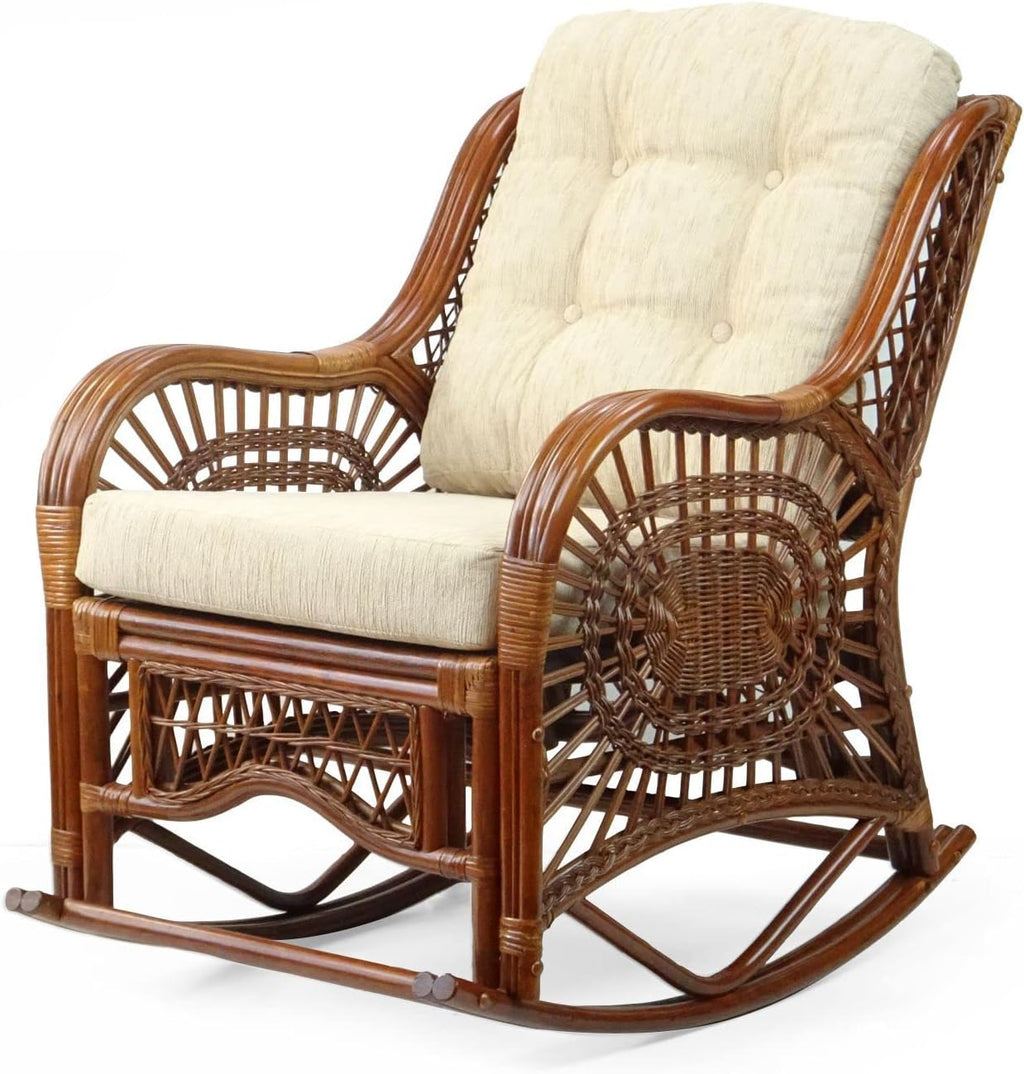 Malibu Rocking Handmade Lounge Chair ECO Natural Wicker Rattan Colonial Color with Cream Cushion, Indoor ONLY