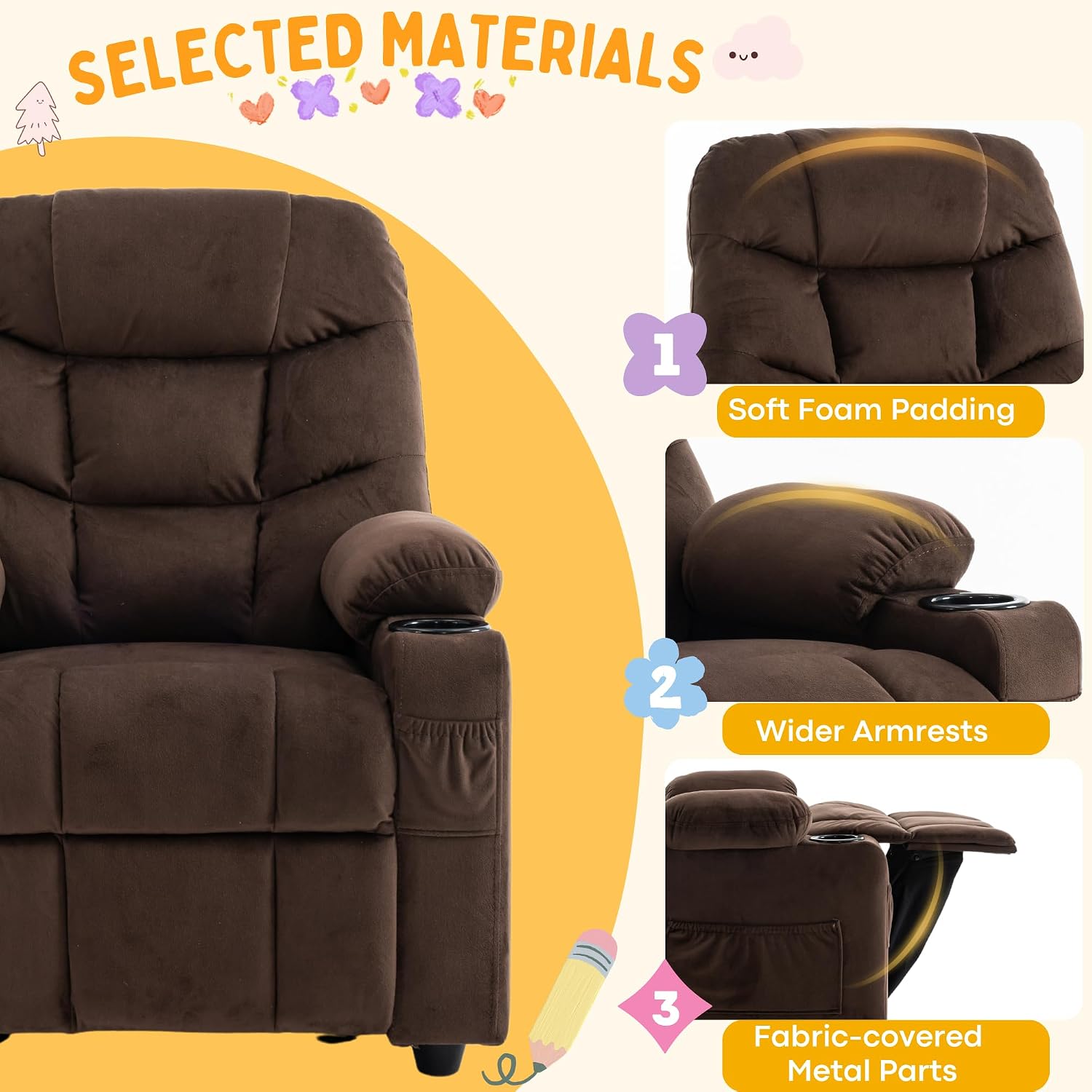Donut Larger Kids Reclining Chair Velvet Fabric Recliner Sofa Push Back Lounge Children Toddler Boys Girls Ages 3-12 with Dual Cup Holders and 4 Pockets