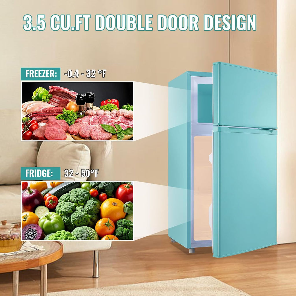 WANAI 3.5 Cu.Ft Mini Fridge with Freezer, Freestanding Refrigerator for Office, Dorm, Apartment, 7-Level Adjustable Thermostat, 2 Removable Shelves and Bakset, Small Fridge in Blue