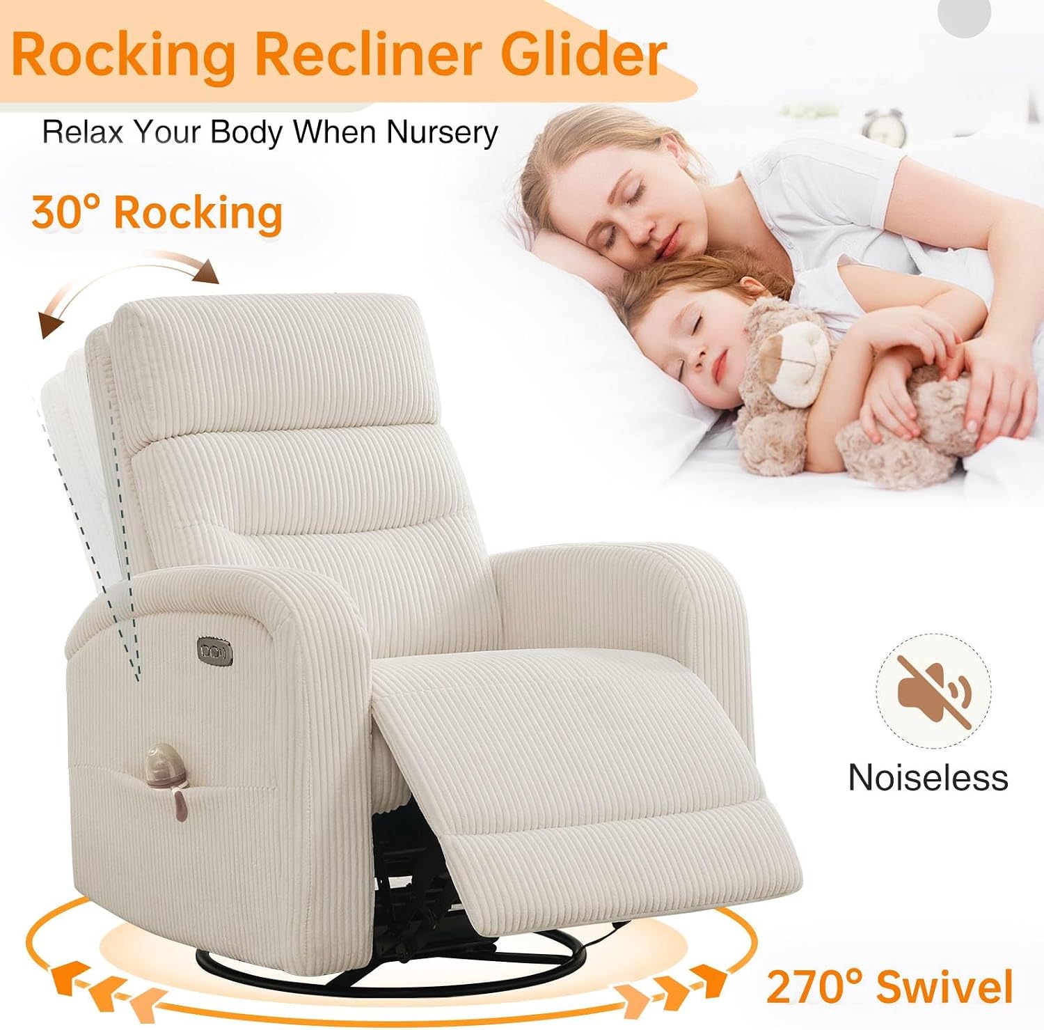 Power Swivel Rocker Recliner Chair for Nursery, Swivel Reclining Rocking Chairs, Electric Glider for Living Room, Upholstered Recliner Chairs for Bedroom, Corduroy White