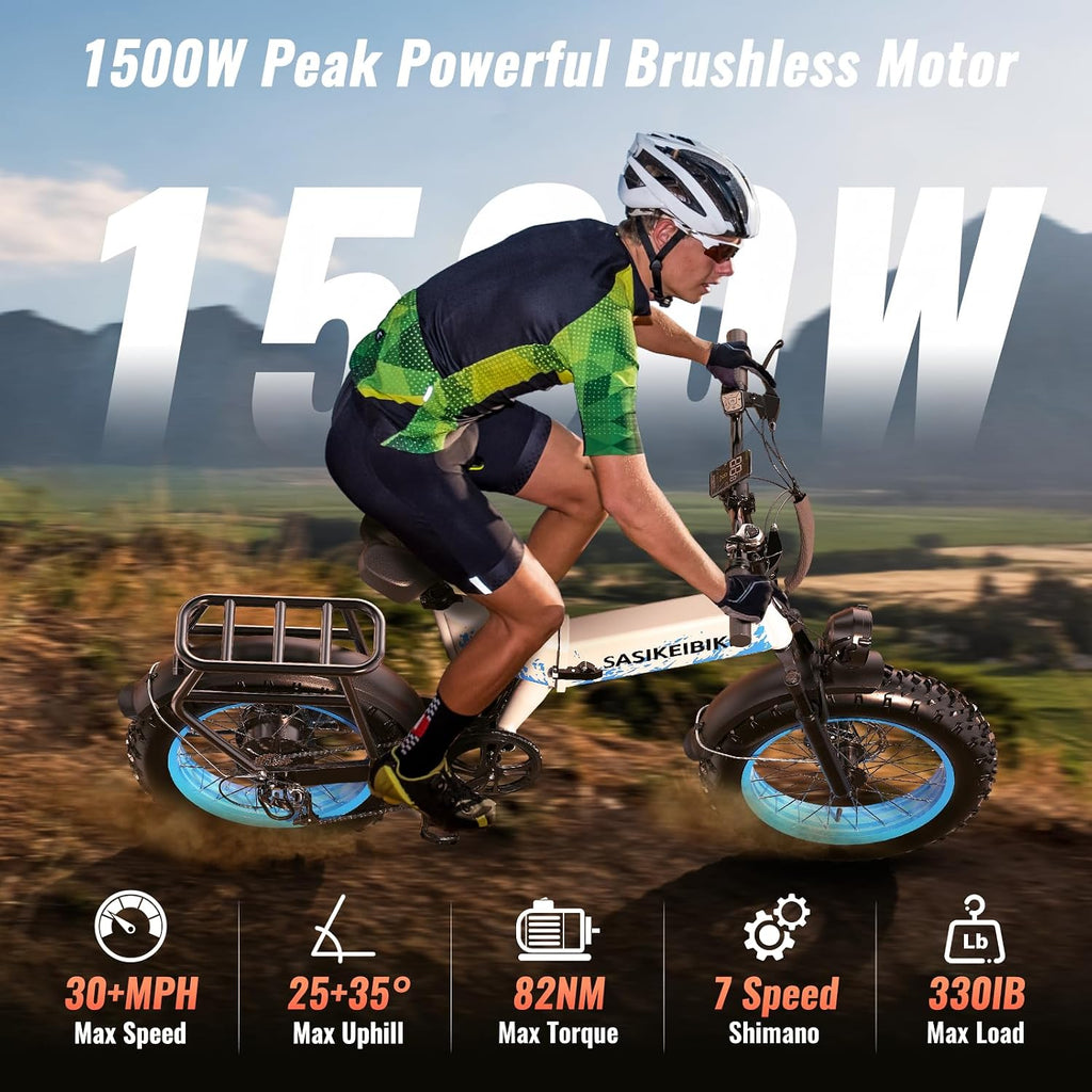 Folding 52V 20Ah Removabke Battery Electric Bike 1500W Peak Motor 20'' Fat Tire Mountain Commuter Ebike Motorcycle Range 70 Miles UL Certified Adult Electric Dirt Bike with 7-Speed