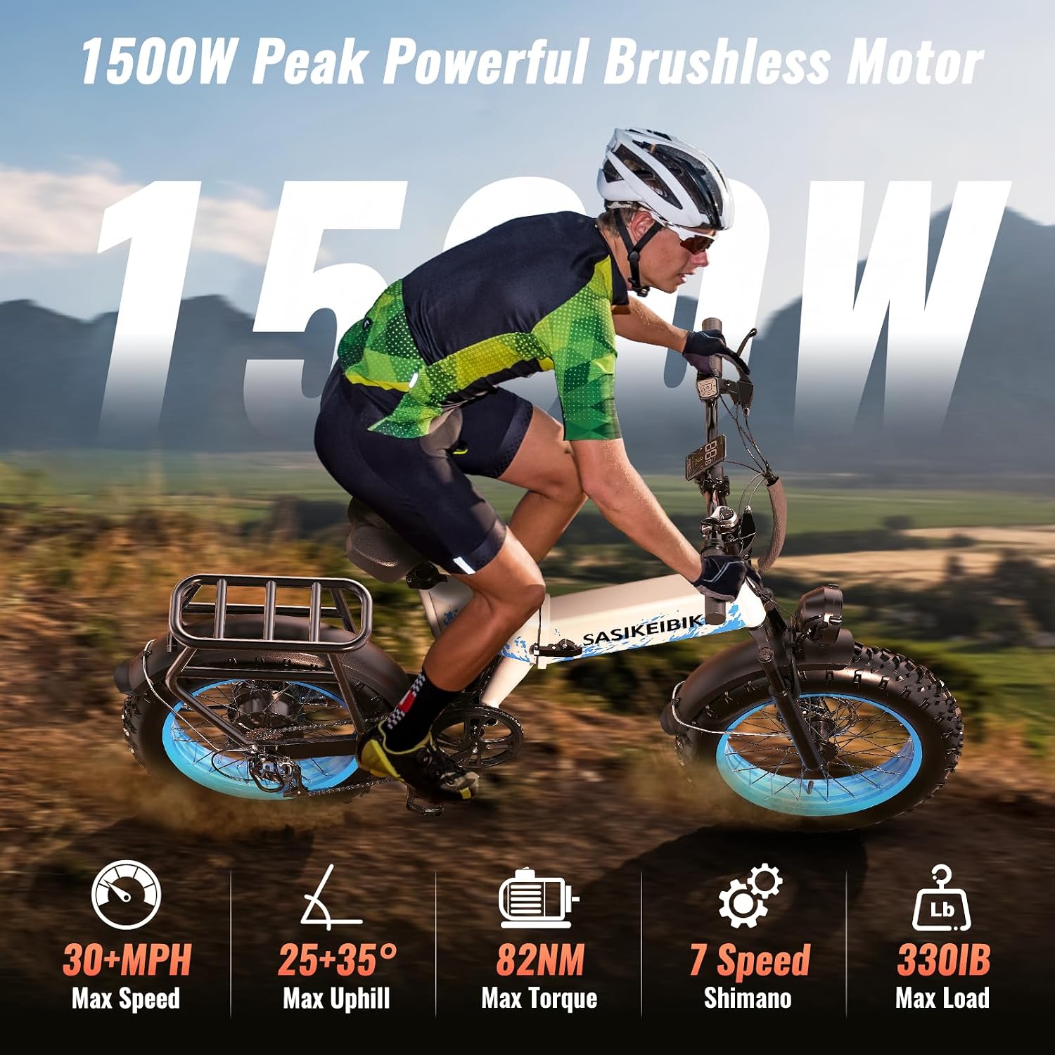 Folding 52V 20Ah Removabke Battery Electric Bike 1500W Peak Motor 20'' Fat Tire Mountain Commuter Ebike Motorcycle Range 70 Miles UL Certified Adult Electric Dirt Bike with 7-Speed