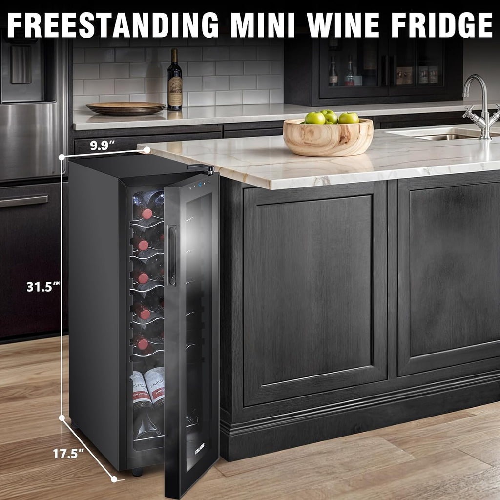 12 Bottle Wine Cooler, Mini Fridge for Red and White, Small Freestanding Refrigerator with 40-66F Digital Temperature Control Glass Door