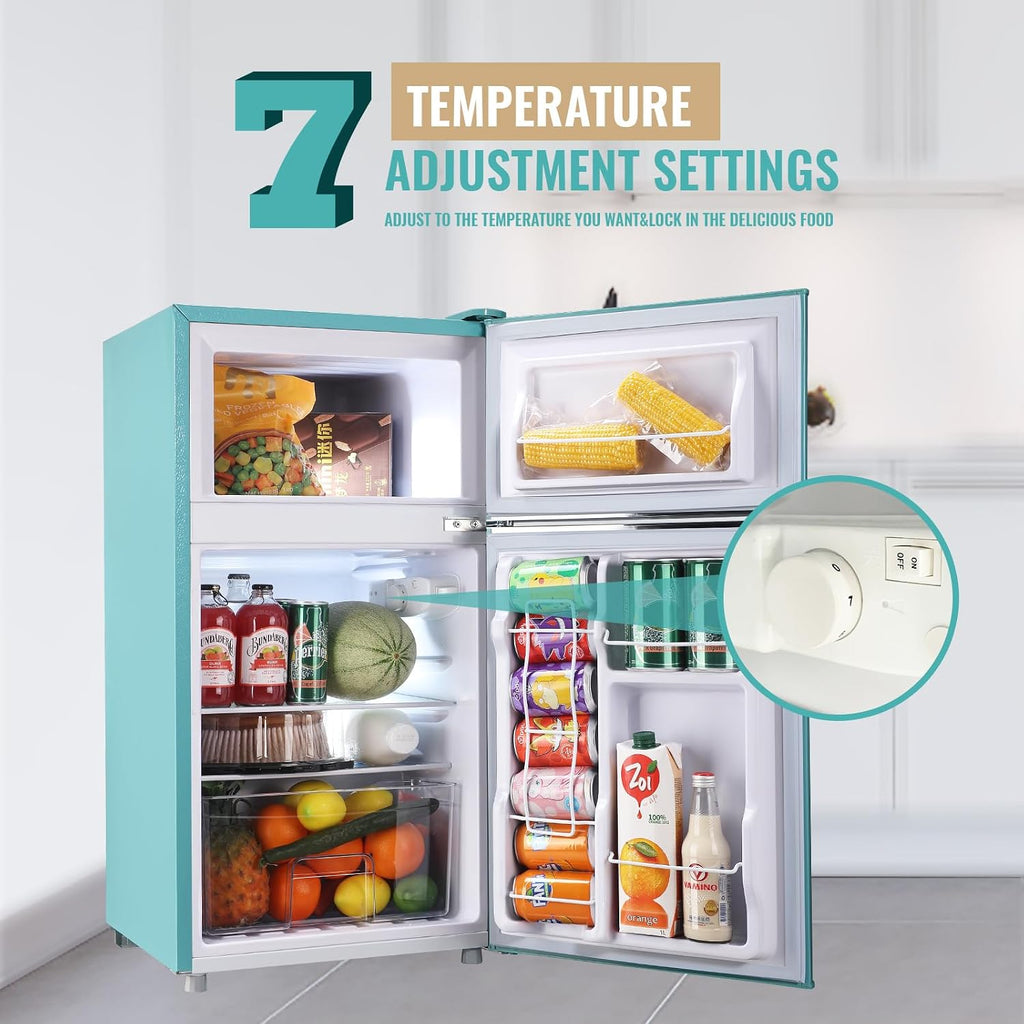 WANAI Compact Mini Refrigerator Small Refrigerator with Freezer, Retro Mini Fridge with Dual Door,7 Adjustable Thermostat, Adjustable Shelves For Dorm, Office Bedroom, Blue