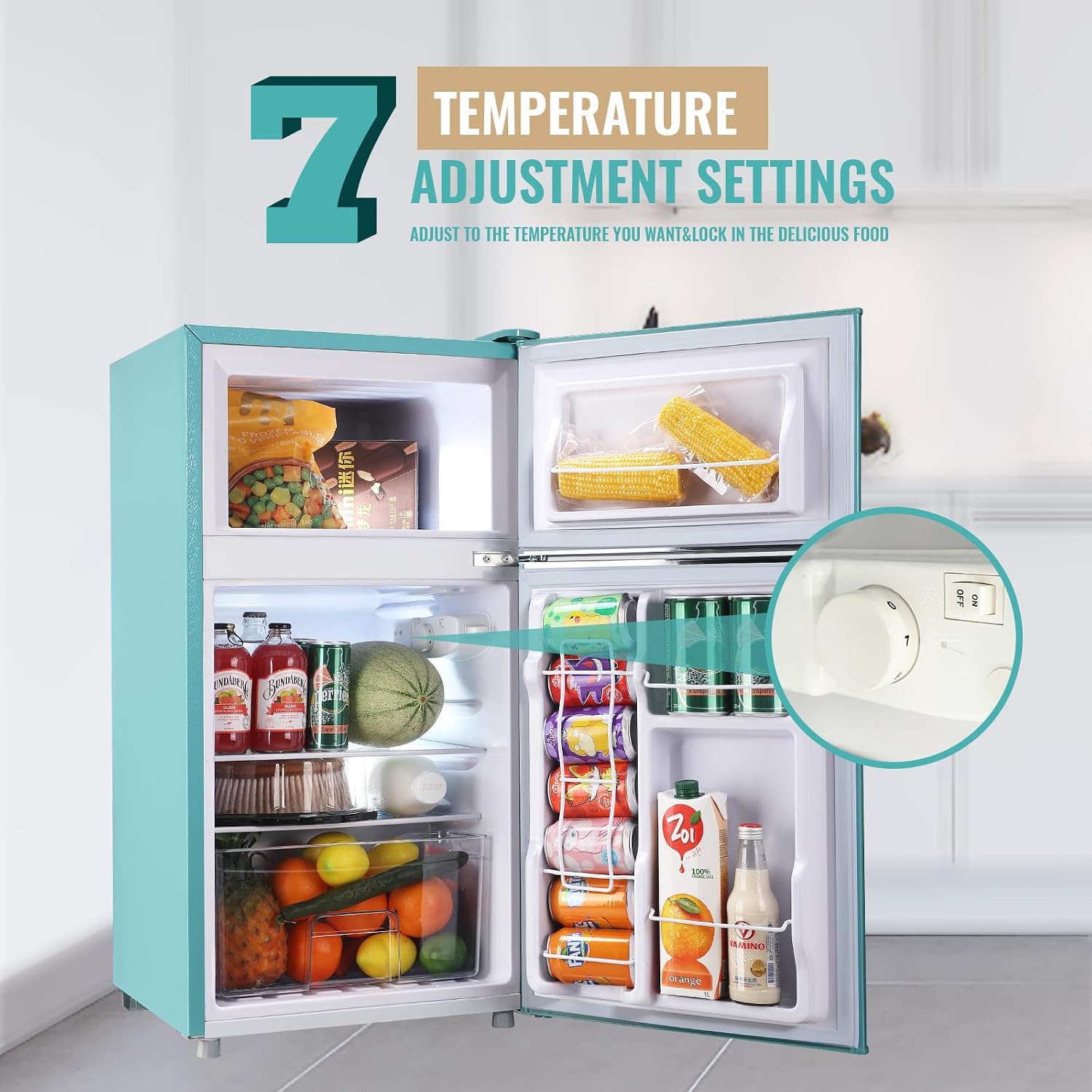 WANAI Compact Mini Refrigerator Small Refrigerator with Freezer, Retro Mini Fridge with Dual Door,7 Adjustable Thermostat, Adjustable Shelves For Dorm, Office Bedroom, Blue