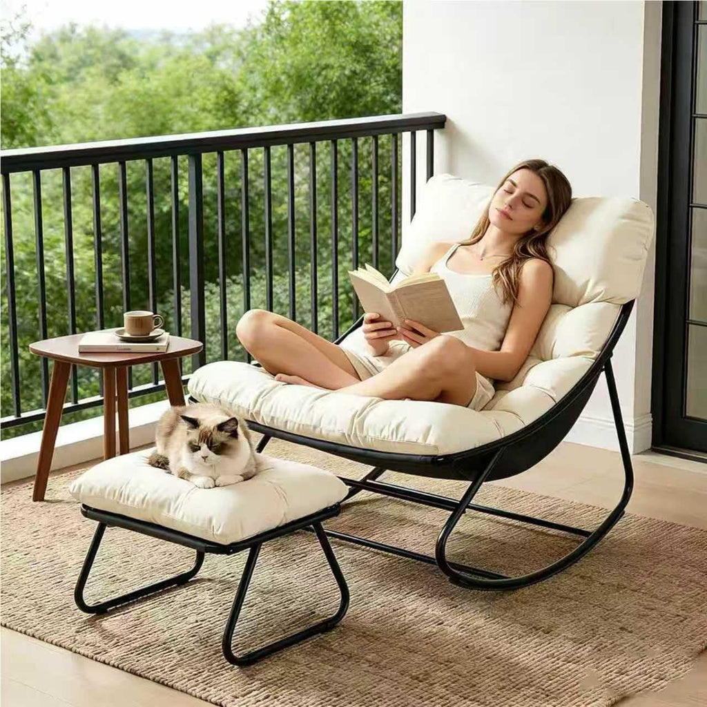Outdoor and Indoor Rocking Chairs, Comfy Patio Chair, Rocking Chair with Ottoman and Sturdy Metal Frame, Balcony Chairs with Thickened Cushion, Silla Mecedora for Patio Porch Garden Living (White)