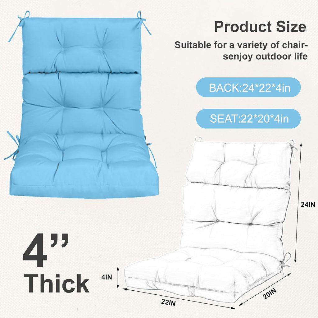 Outdoor High Back Chair Cushions 2-Pack, 44'x22'x 4' Fade-Resistant Waterproof Tufted Pads with Ties for Patio Rocking & Adirondack Chairs (Sky Blue)