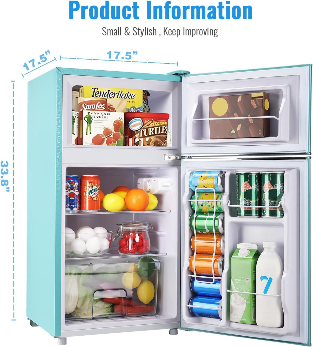 WANAI 3.5 Cu.ft Retro Mini Fridge with Freezer Small Retro Dual Door Refrigerator Freestanding Compact Refrigerator with Freezer 2 Door Mini Fridge for Bedroom, Dorm, Office Blue