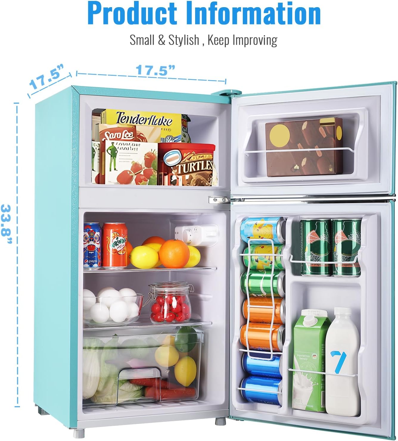 WANAI 3.5 Cu.ft Retro Mini Fridge with Freezer Small Retro Dual Door Refrigerator Freestanding Compact Refrigerator with Freezer 2 Door Mini Fridge for Bedroom, Dorm, Office Blue
