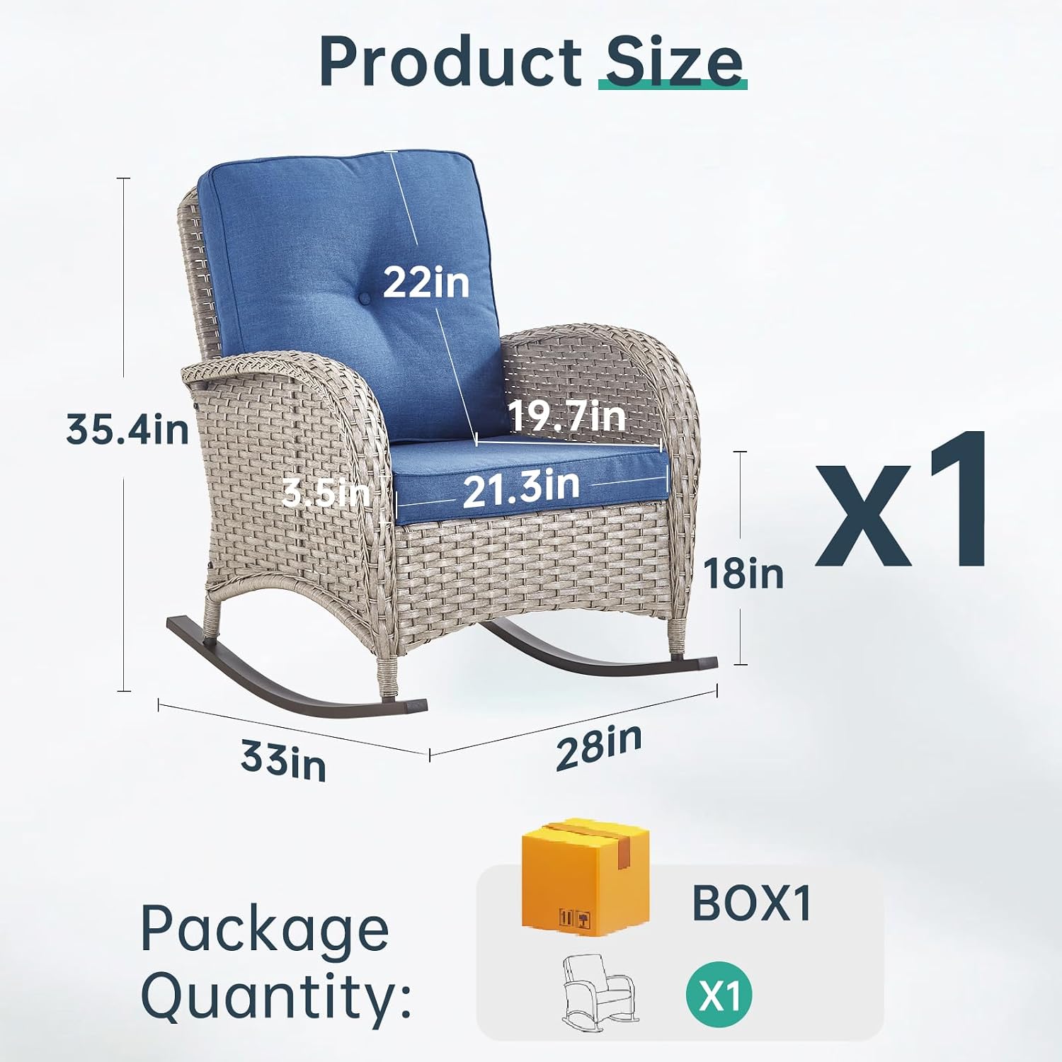Patio Rocking Chair: Outdoor Wicker Rocker Porch Rocking Chair with Removable Cushion, 300 Lb Weight Capacity Rattan Rocking Seating for Balcony Garden Light Grey/Blue