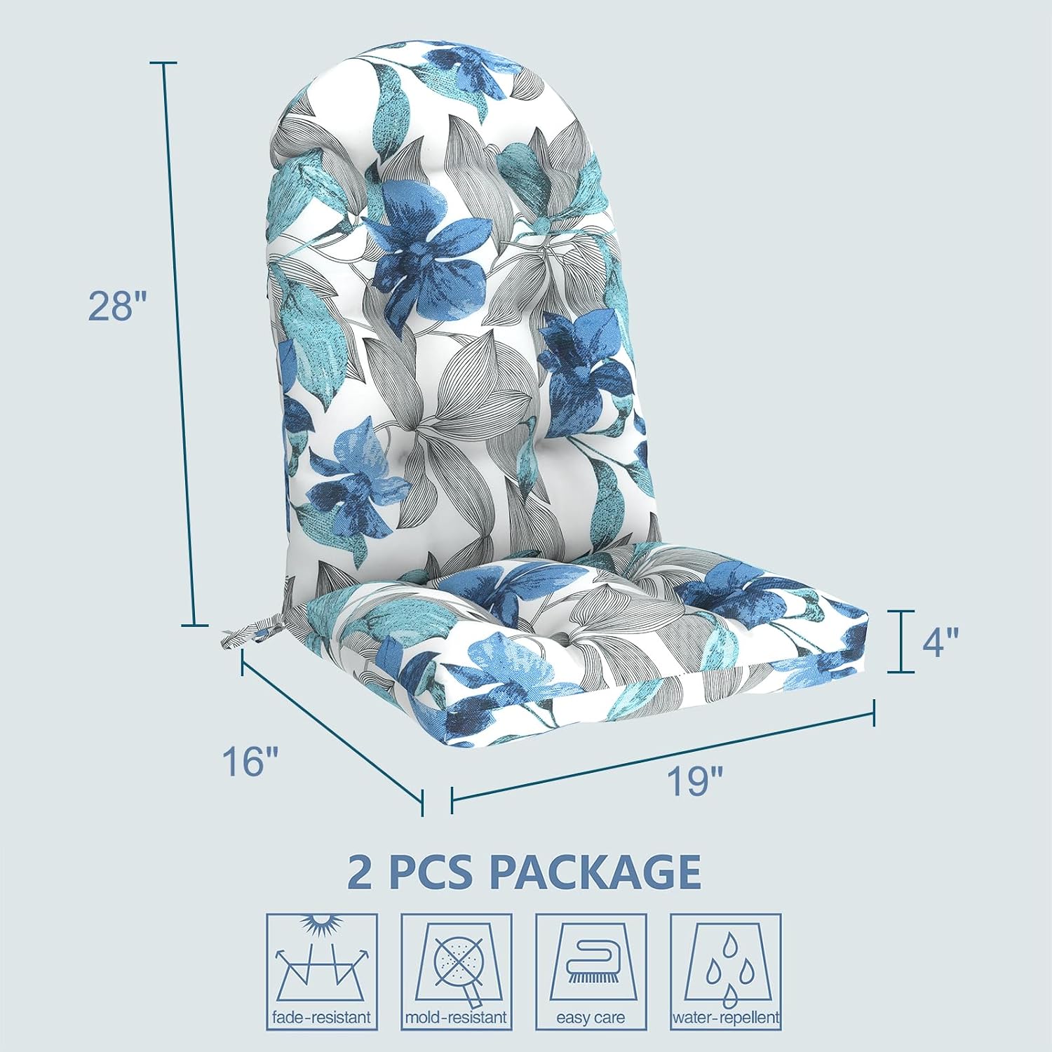 LVTXIII Outdoor Adirondack Chair Cushions, 44x19x4 Inch Non-Slip High Back Rocking Chair Cushion, Tufted Seat Cushion for Patio Furniture, Set of 2, Clemens Noir Blue