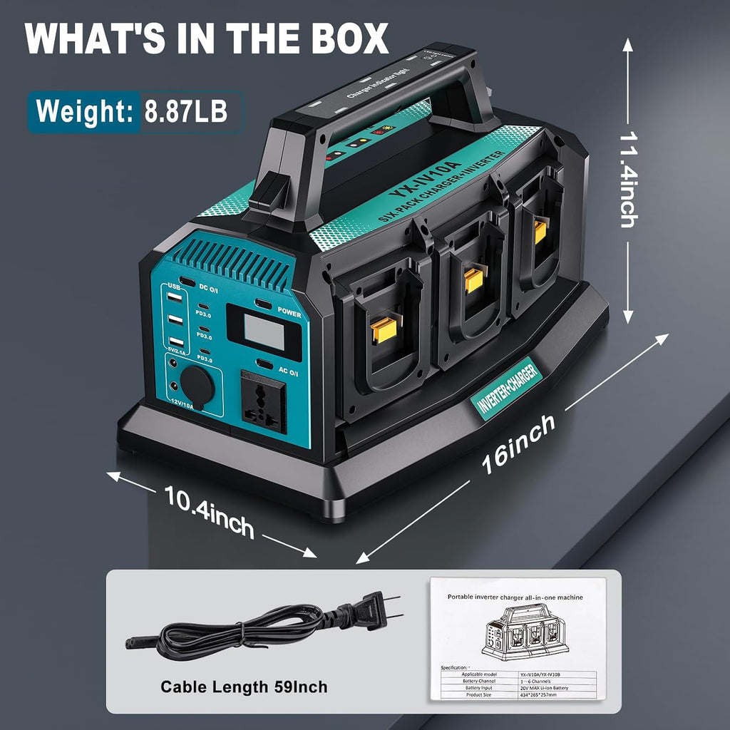 2-in-1 Portable Inverter Charger, 1200W Pure Sine Wave Inverter & 6A Rapid Charger for Makita 18V Battery, 6-Port DC to AC 120V Converter, 3 USB-A + 3 USB-C, 300lm LED Light for RV Camp Off-Grid