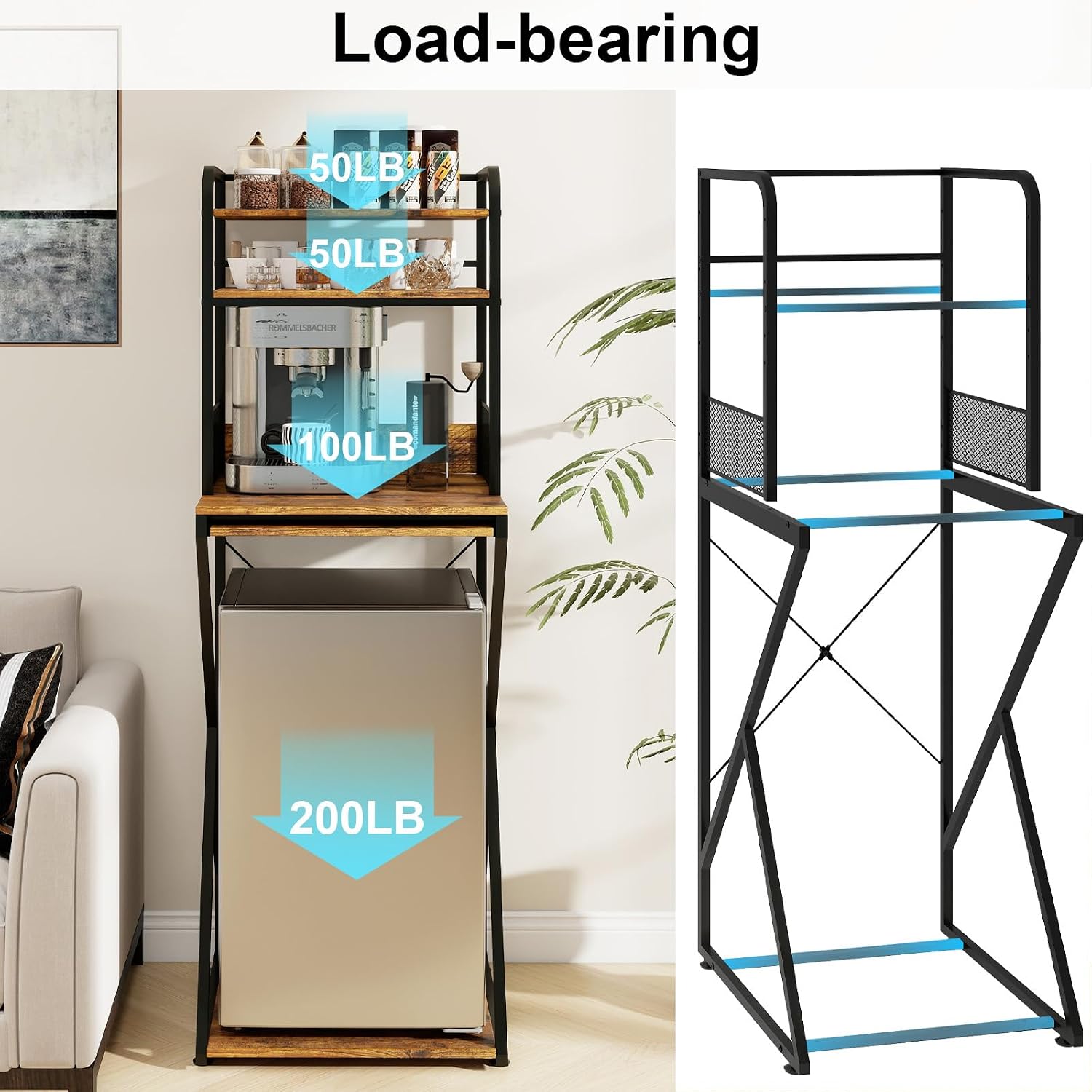 PUNCIA 4-Tier Mini Fridge Stand with Power Outlet & Storage, Coffee Bar Organizer, Refrigerator Cabinet & Microwave Shelf, Bakers Rack for Kitchen, Office, Dorm, Pantry, Apartment (Retro)