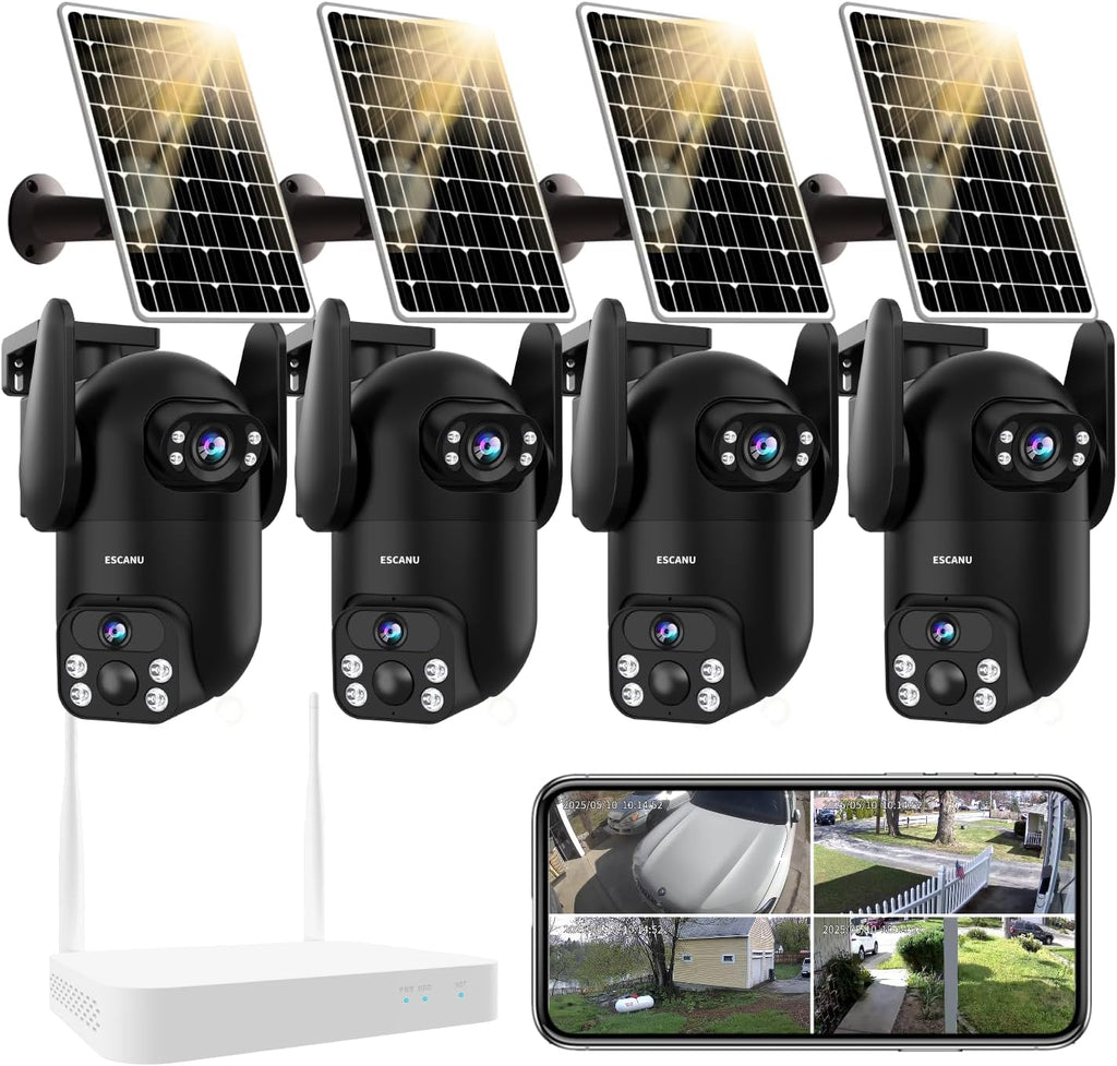 ESCANU Wireless Home Security Cameras System,Solar Power PTZ Outdoor Cameras,Motion Detection,Night Vision,Water-Proof,2-Way Audio,No Subscription Fee,Cloud/SD Card Storage
