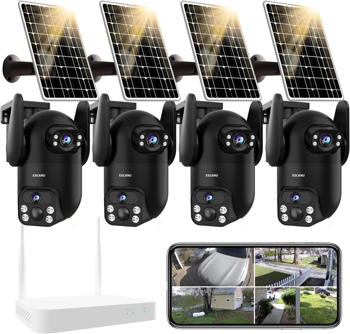 ESCANU Wireless Home Security Cameras System,Solar Power PTZ Outdoor Cameras,Motion Detection,Night Vision,Water-Proof,2-Way Audio,No Subscription Fee,Cloud/SD Card Storage