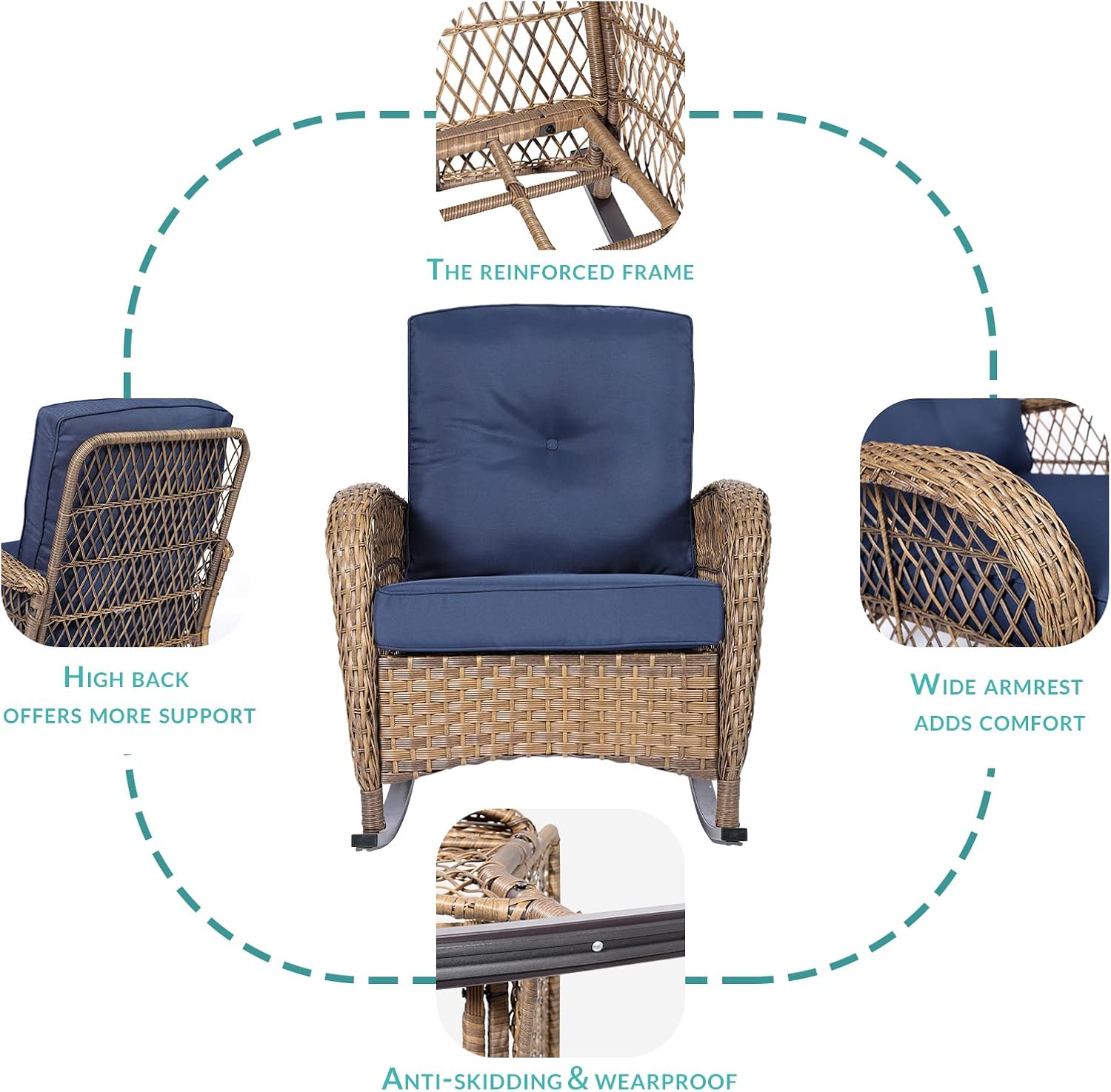 MEETWARM Outdoor Wicker Rocking Chair, Rattan Patio Rocker Chairs with Cushions and High Back, All-Weather Patio Wicker Chair with Safe Rocking Design for Garden Backyard Porch, Brown/Navy Blue