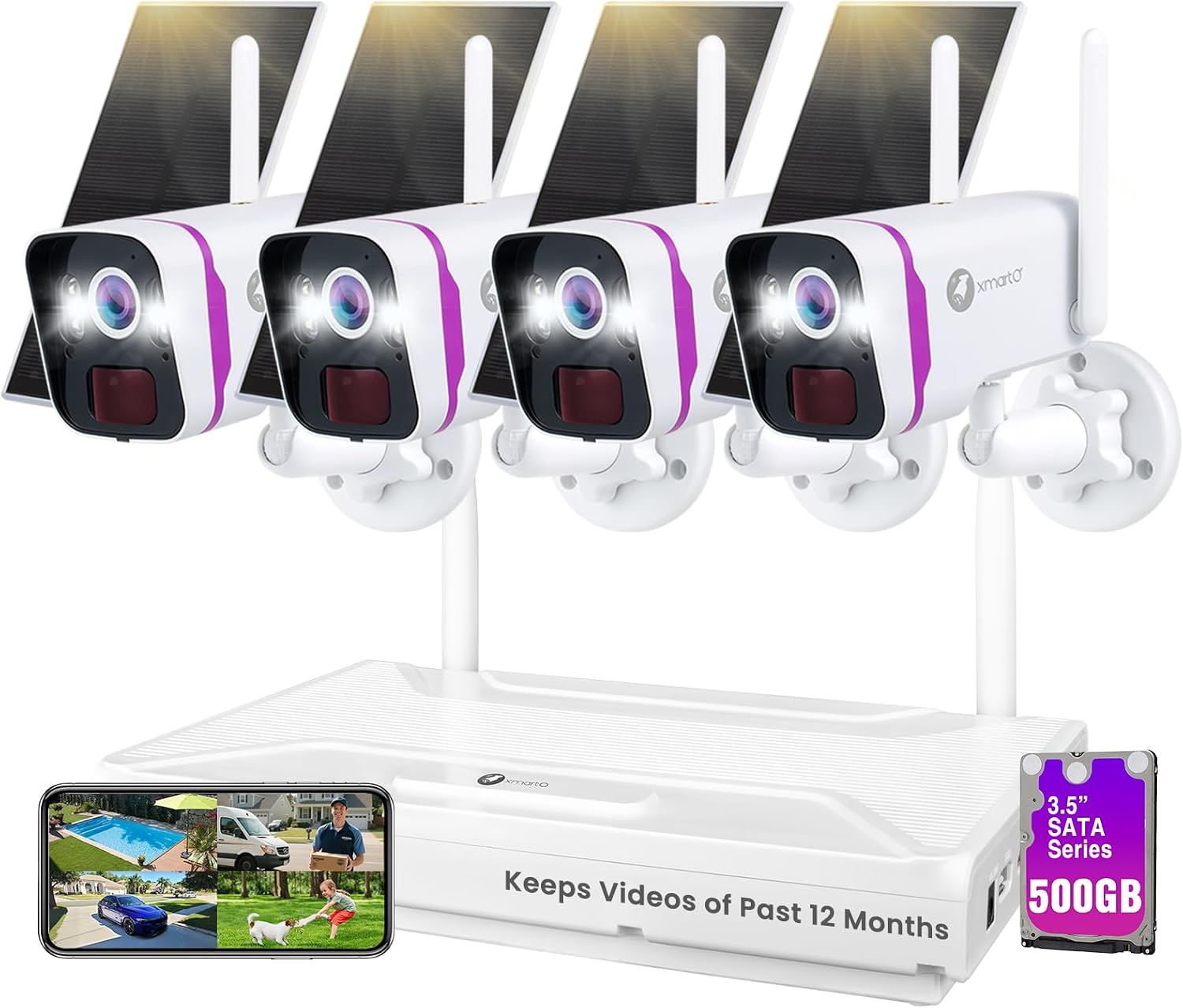 xmartO Wireless Solar Security Camera System, 10CH 4K Expandable WiFi6 NVR+4*4MP 2K Outdoor Cams, All Weather Solar, 2-Way Audio, IR&Color NV, Long Range WiFi Mesh, Free 2-Years Video,No Monthly Fees