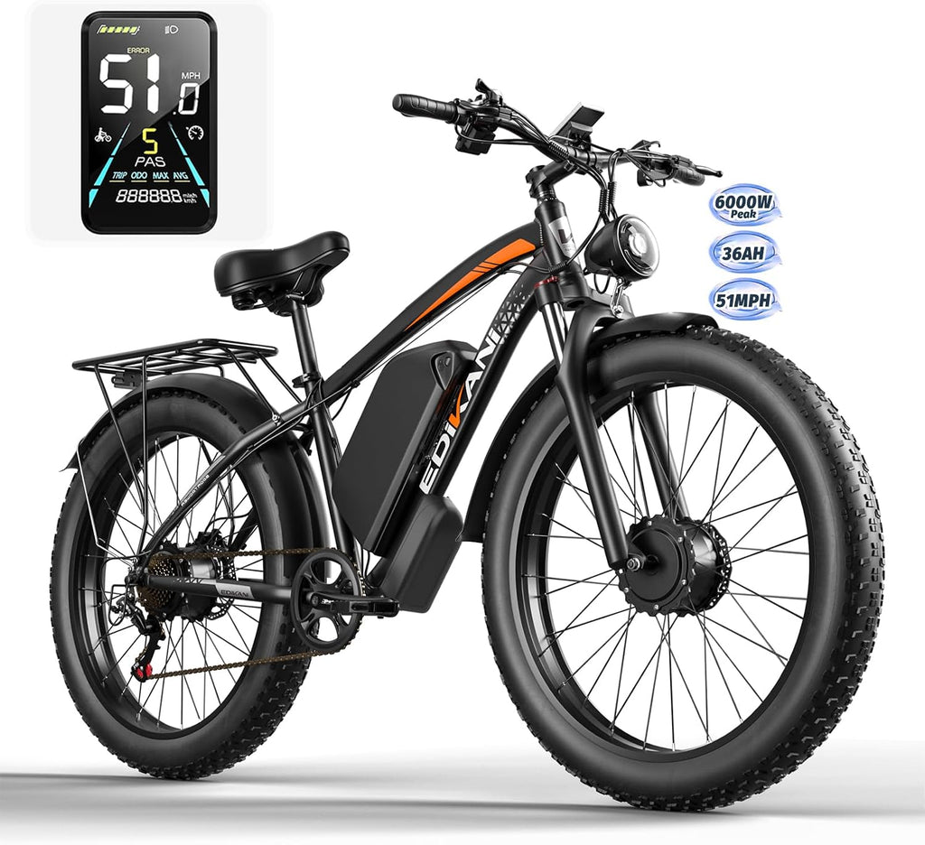 E Bikes for Adults Electric,51 MPH Fast Ebike Peak 6000W 36AH 52V 130 Miles Max, Dual Motor Electric Bike Fat Tire E Bike for Men, 26' Electric Bicycle for Snow Off-Road, Hydraulic Brakes, 7 Speed