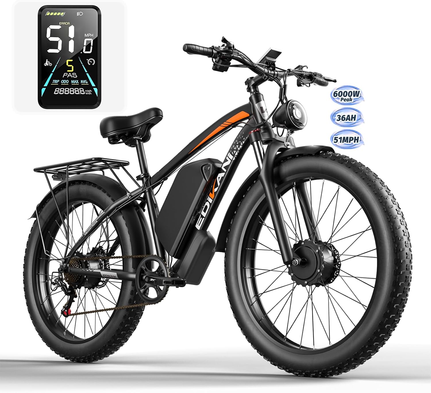E Bikes for Adults Electric,51 MPH Fast Ebike Peak 6000W 36AH 52V 130 Miles Max, Dual Motor Electric Bike Fat Tire E Bike for Men, 26' Electric Bicycle for Snow Off-Road, Hydraulic Brakes, 7 Speed