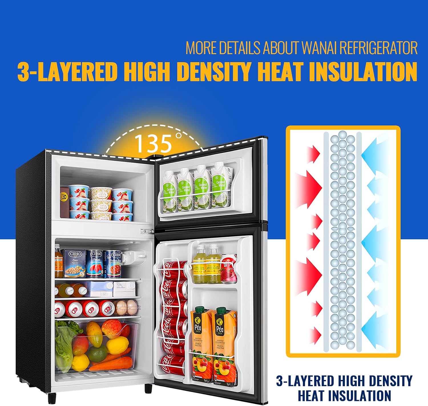 WANAI 100L Mini Fridge with Freezer Compact Refrigerator with Freezer, 7 Level Adjustable Thermostat and 2 Removable Shelves Freestanding Small Refrigerator for Office Dorm Apartment (Silver)