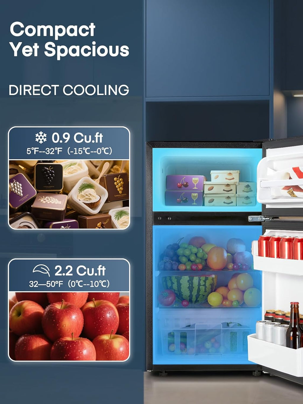 Mini Fridge with Freezer for Bedroom, 3.1 Cu.ft Double Doors Small Refrigerator with Ice Tray, Removable Shelves, Temperature Control Mini Refrigerator for Dorm and Office