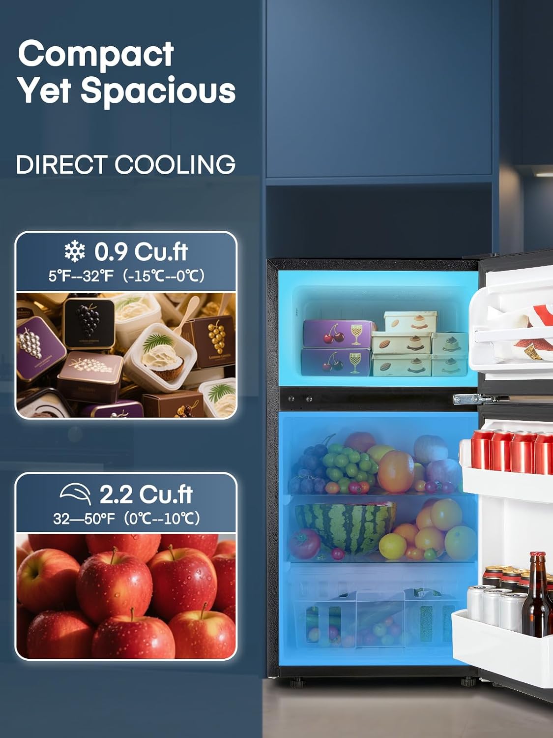 Mini Fridge with Freezer for Bedroom, 3.1 Cu.ft Double Doors Small Refrigerator with Ice Tray, Removable Shelves, Temperature Control Mini Refrigerator for Dorm and Office