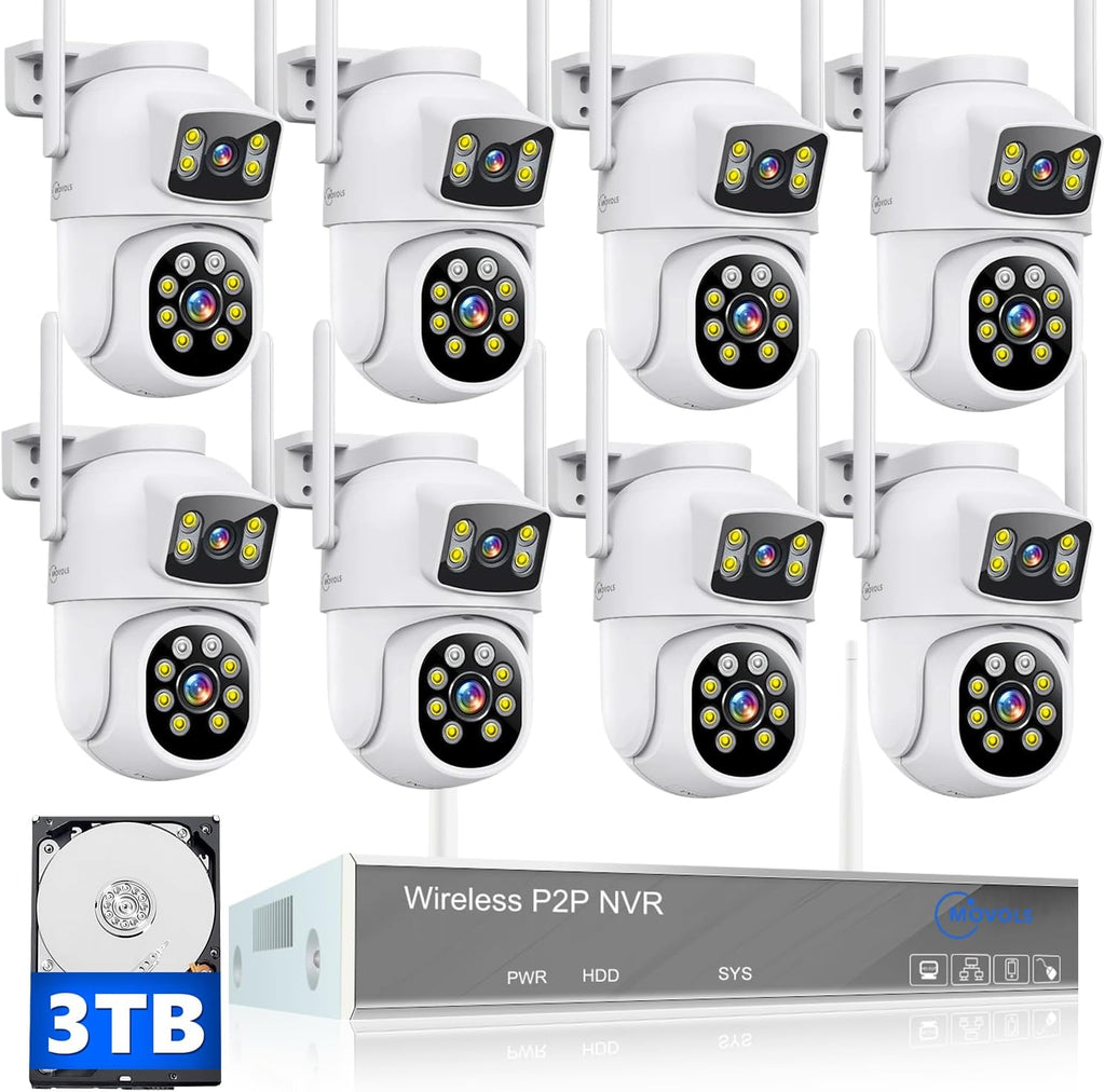 MOVOLS Wireless Security Camera System 5G/2.4G WiFi 8pcs 4MP+4MP Dual Lens Camera System,2K HD PTZ Dome Cameras System with Color Night Version, Motion Detection,3TB HDD, 16CH