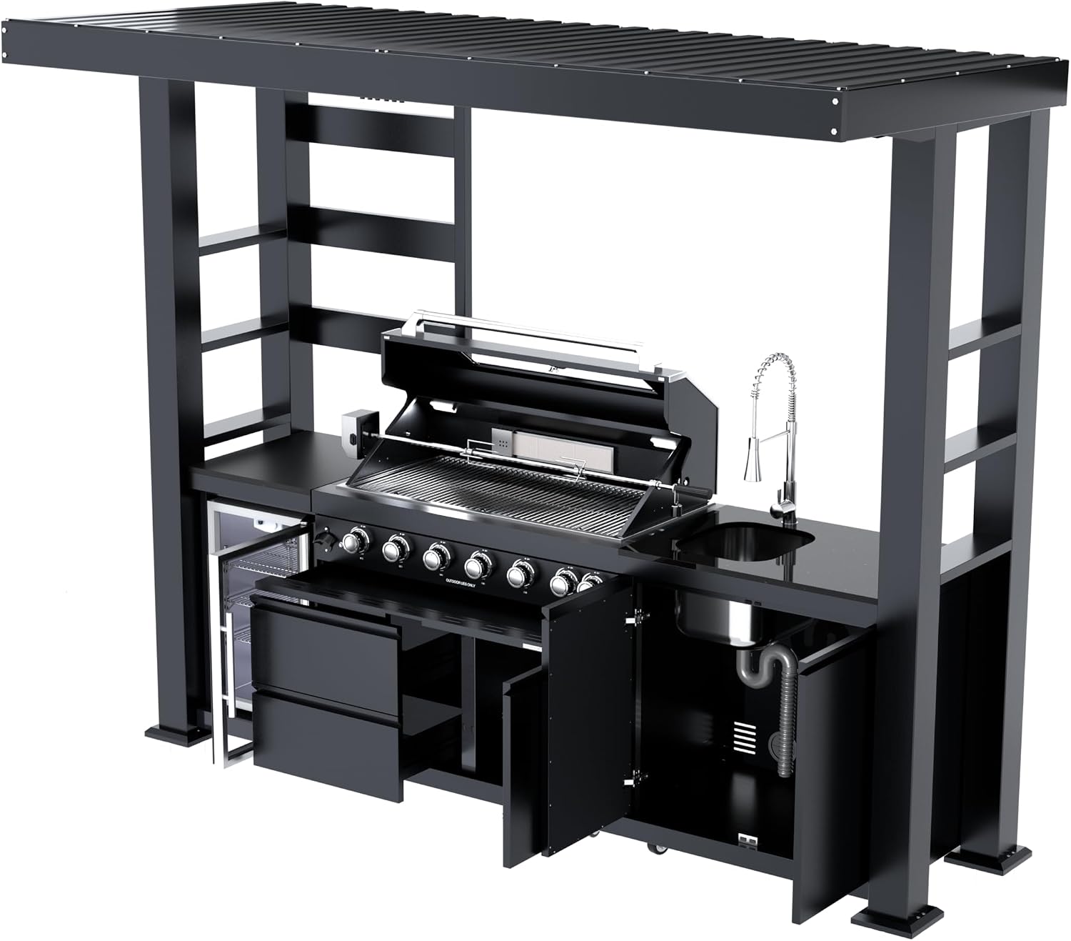 REDNGO 108-Inch 6-Burner 85000 BTU Stainless Steel Propane Gas Grill Outdoor Kitchen Island with Canopy,648Sq.In Cooking Area,Wine Cooler,Refrigerator,Rotisserie,for Backyard BBQ,Black